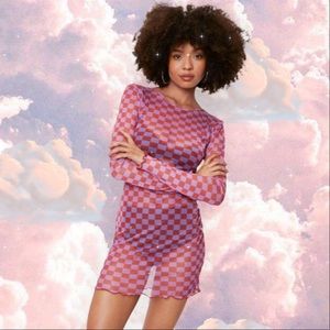 Nasty Gal Pink Sheer Mesh Check Print Lettuce Hem Mini Long Dress Size 2